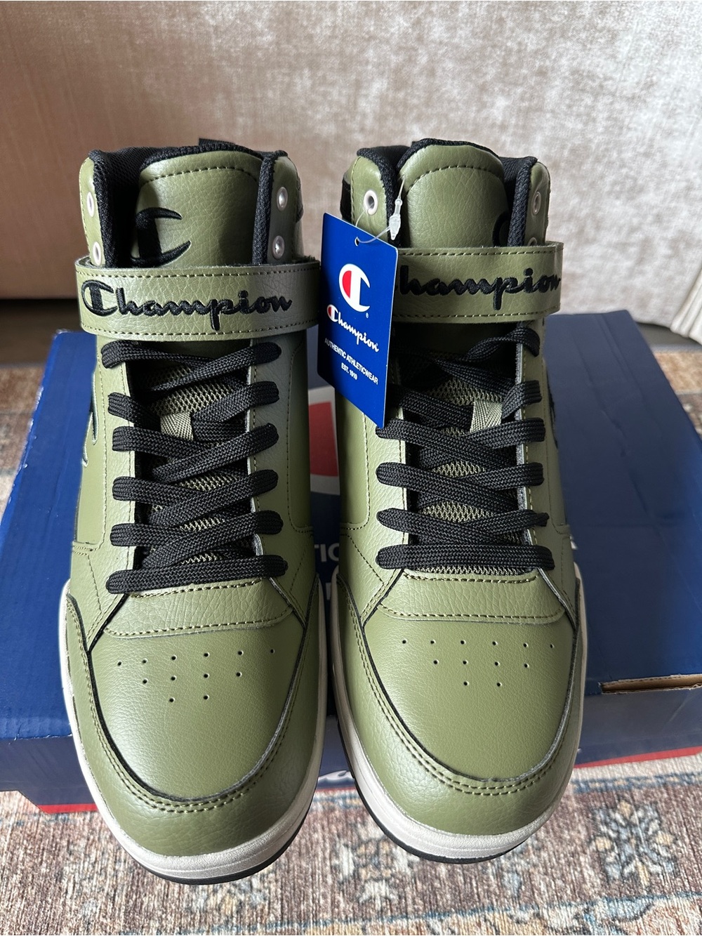Champion Olive Green High-Top Sneakers with Black Accents